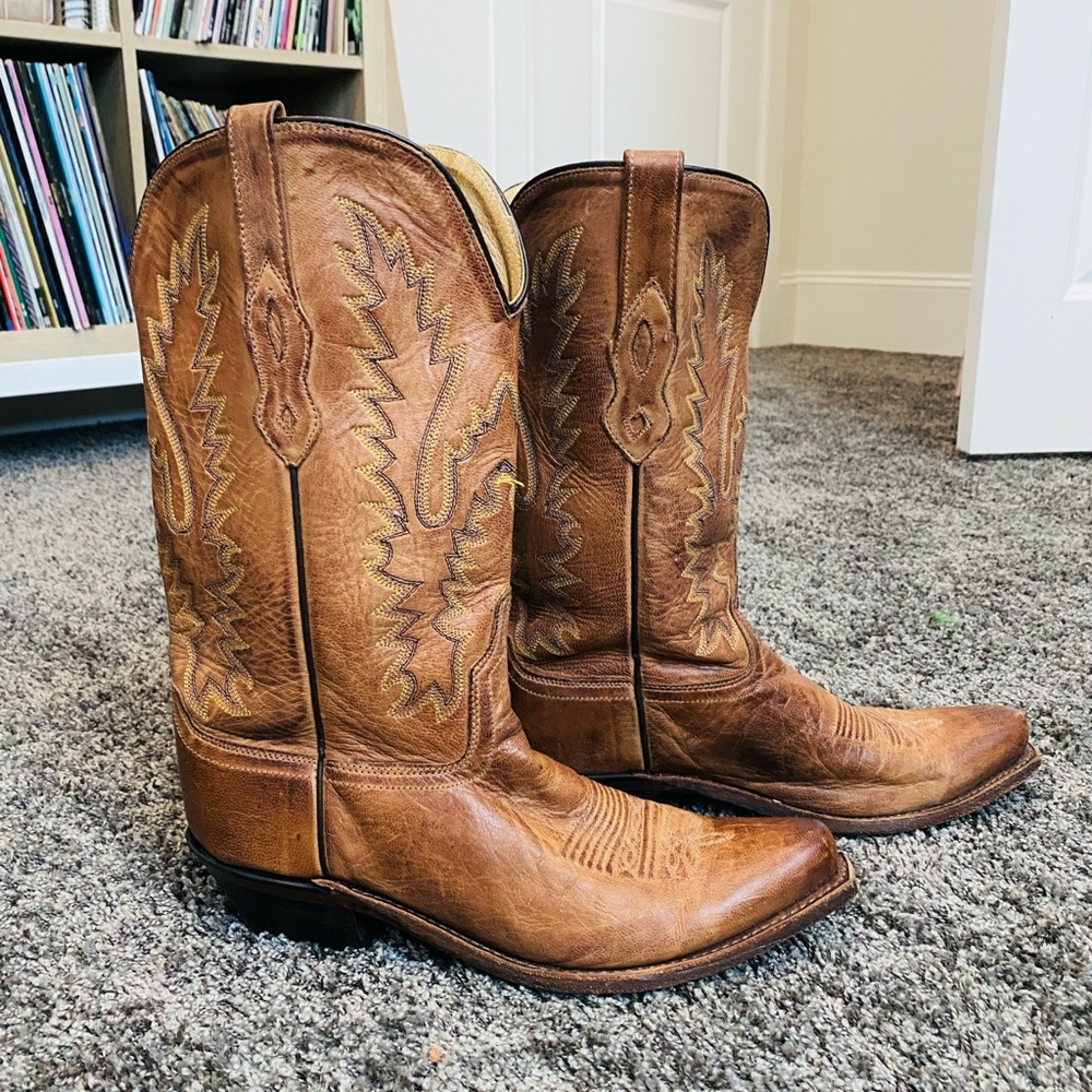 Old West Tan Leather Cowboy Boots